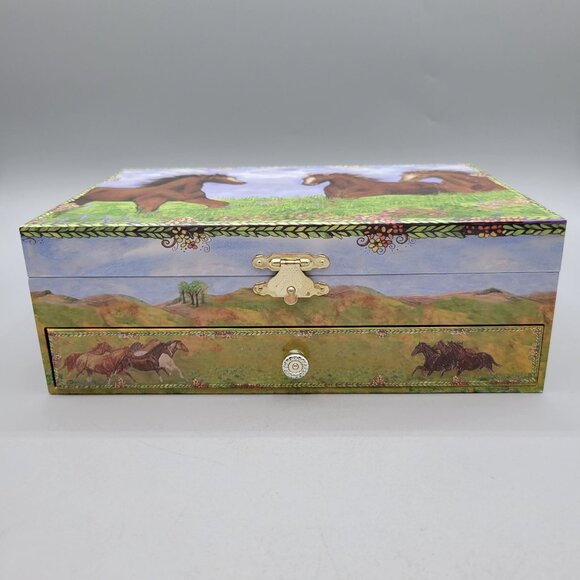 Horse Musical Jewelry Box Drawers Lid Mirror Rotating Horse Enchantmints Prairie - Picture 3 of 10